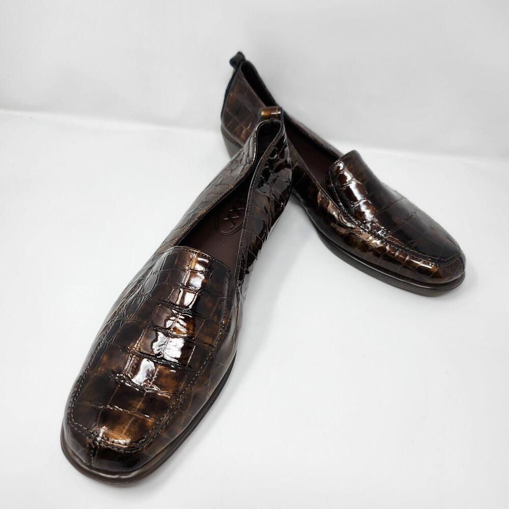 The Flexx Women's Brown Croc-Embossed Leather Loafers Slip-Ons Size 10